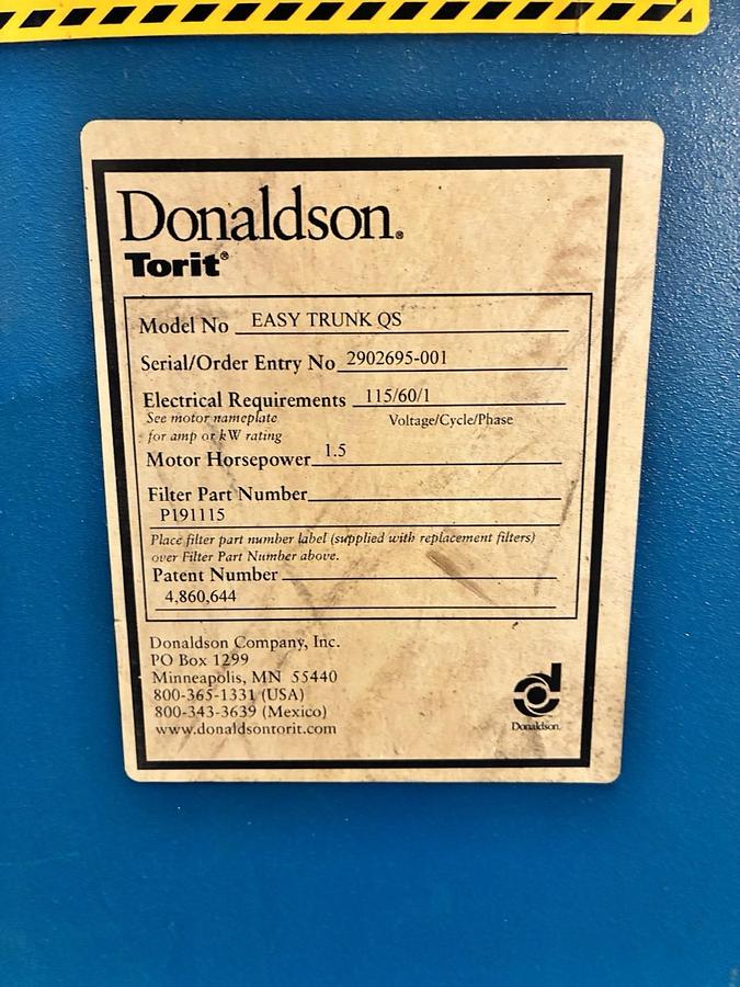 Used DONALDSON TORIT,EASY TRUNK QS,DUST COLLECTOR 1.5HP 115V 1PH 750CFM