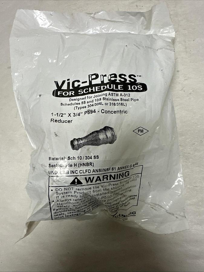 Used Vic-Press,P594,Concentric Reducer 1-1/2" x 3/4" SCH 10 304SS