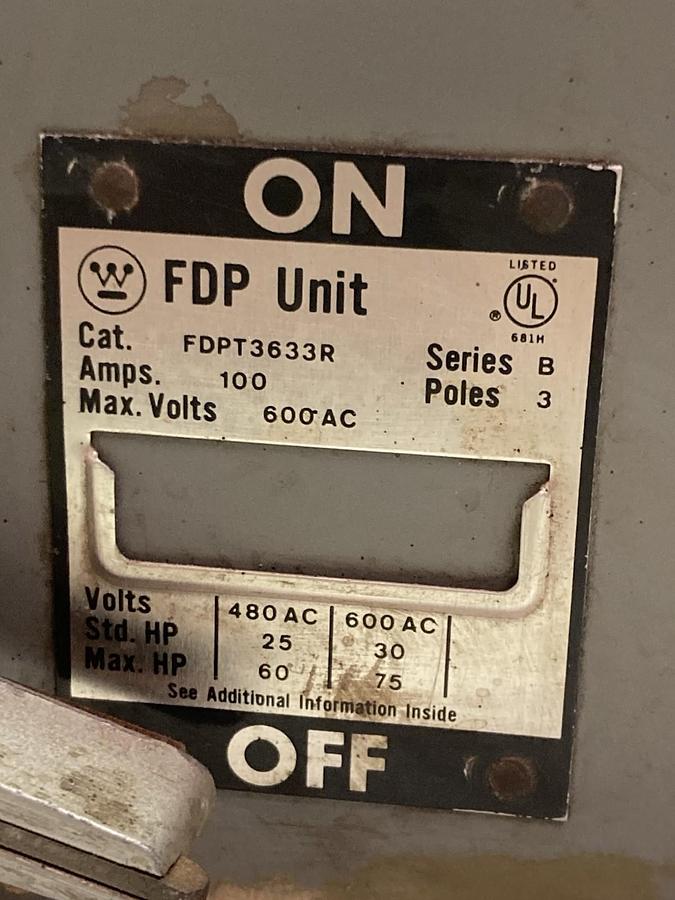 Used Westinghouse,FDPT3633R,3-Pole Switch Bussway Plug Ser B 100A 600Vac
