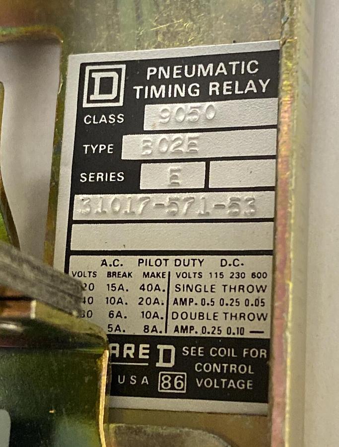 SQUARE D,9050-BO2E,PNEUMATIC TIMING RELAY 6A 120V NEW NO BOX