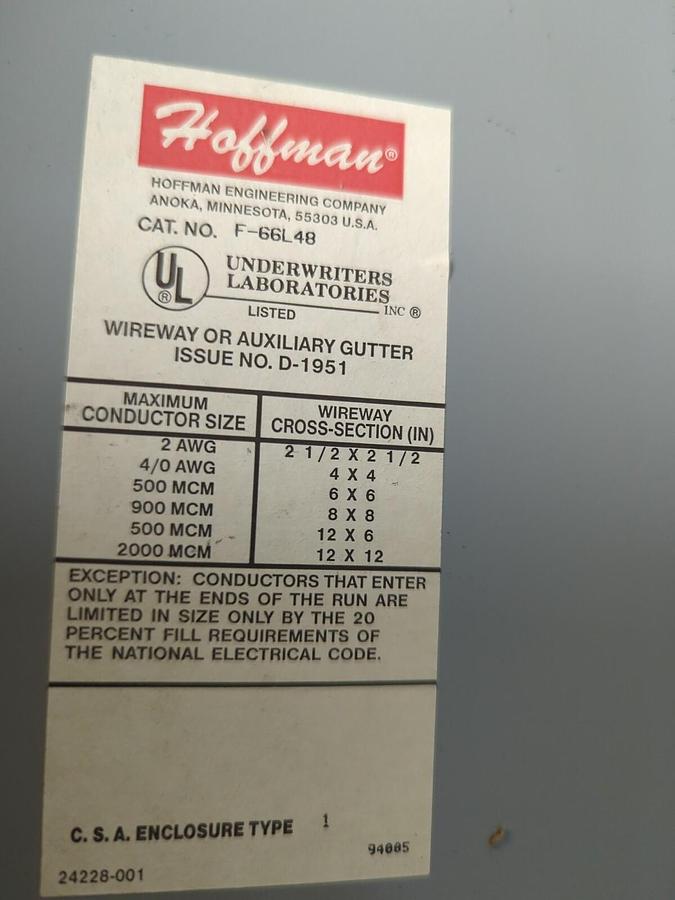HOFFMAN,F-66L48,STRAIGHT WIREWAY SECTION 48 INCH LENGTH MISSING BOX NOS