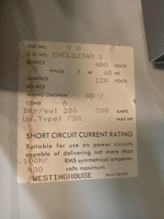 Used Cutler Hammer,H-974284,200 AMP Fused Disconnect MCC Bucket 480V