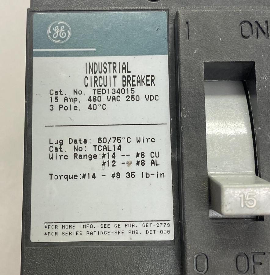 Used GENERAL ELECTRIC,TED134015,CIRCUIT BREAKER 15A 480V 3P