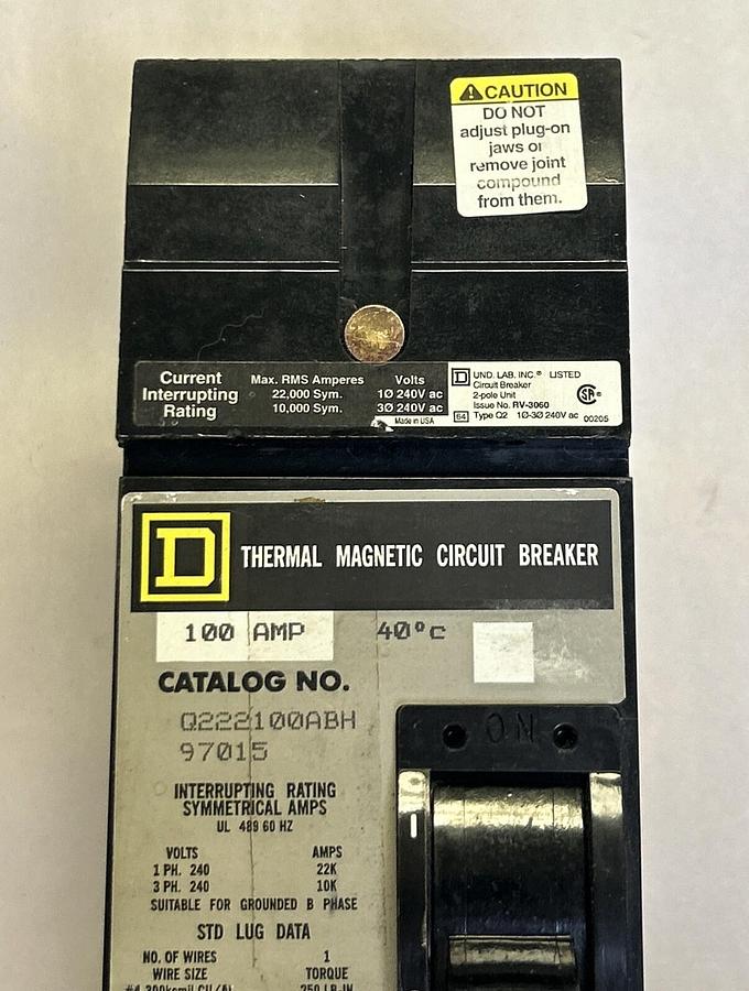 Used SQUARE D,Q222100ABH,I-LINE CIRCUIT BREAKER 100A 240V 2P
