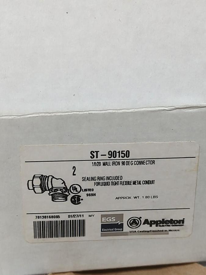 APPLETON,ST-90150,1-1/2 INCH 90 DEG LIQUID TIGHT CONDUIT CONNECTORS BOX OF 2 NEW