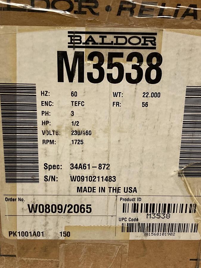 Used Baldor-Reliance,M3538,3-Phase General Purpose Motor 1/2 Hp 56 Frame 230/460V
