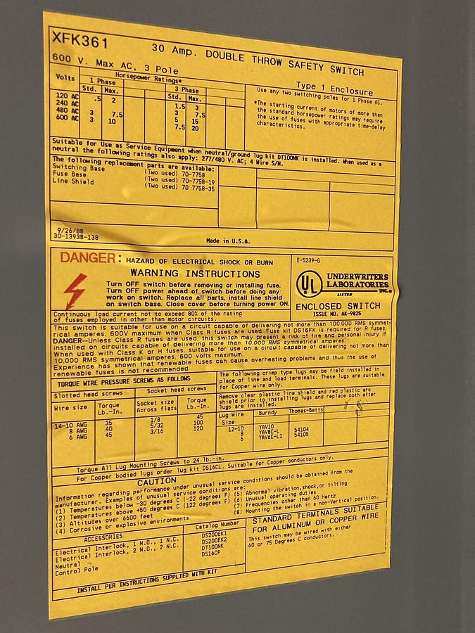Used Westinghouse,XFK361,3-Pole Double Throw Disconnect Switch 600V 30 Amp