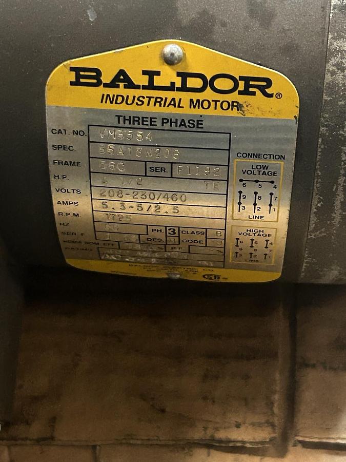 Used BALDOR,VM3554,MOTOR 1.5HP 208-230/460V 1725RPM 3PH 56C FRAME