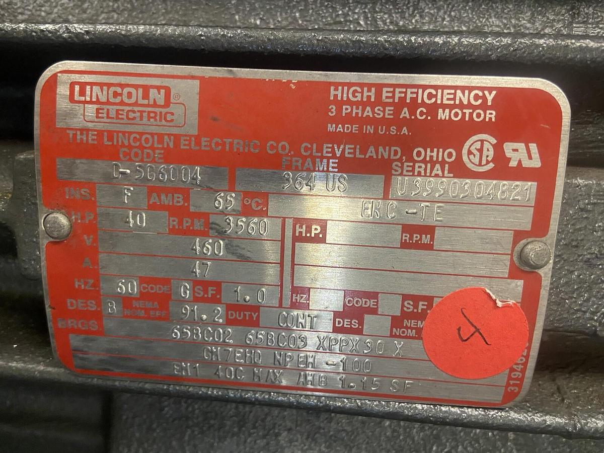 Used Lincoln,D-5G6004,40Hp High Efficiency AC Motor 3560RPM 460V Frame 364U