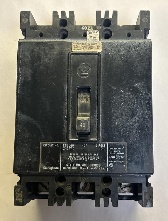 Used WESTINGHOUSE,EB3040,CIRCUIT BREAKER 40A 240V 3P