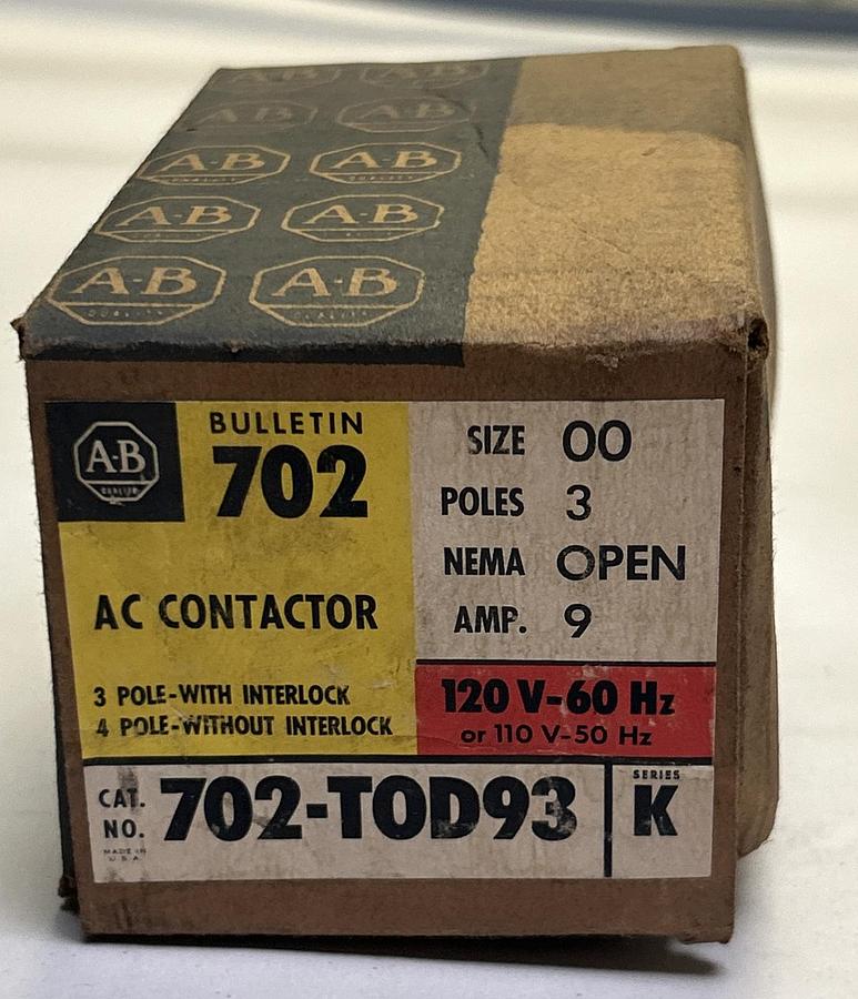 Used ALLEN BRADLEY,702-TOD93,AC CONTACTOR SIZE 00 NEW