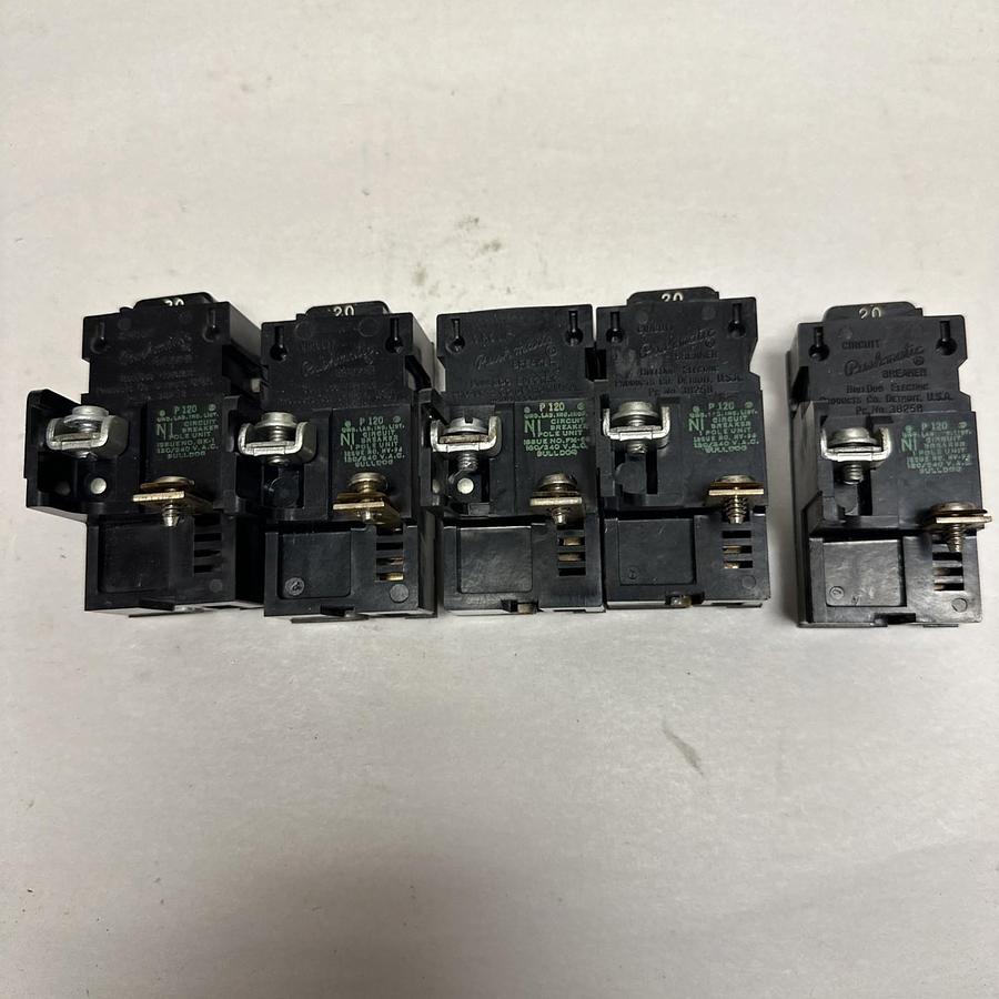 Used Pushmatic,P120,20 Amp Single Pole 120/240VAC Circuit Breaker LOT of 5