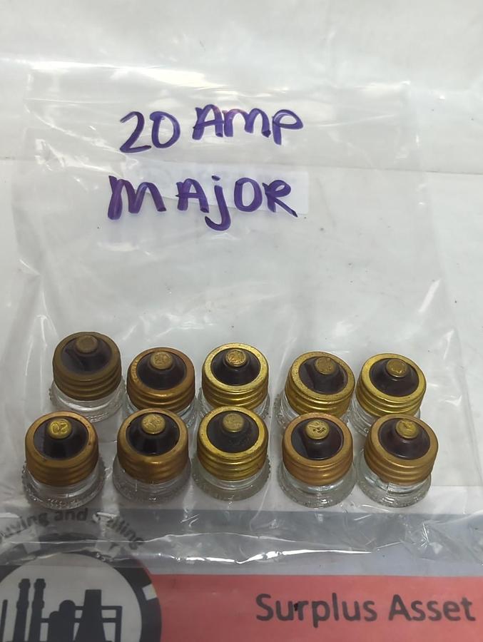 Used MAJOR,20 AMP,SCREW IN FUSE 20 AMP LOT OF 10 PRE-OWNED