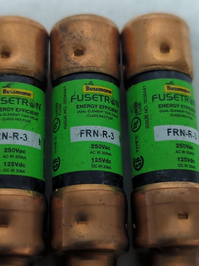 Used COOPER BUSSMANN,FRN-R-3,FUSETRON 3 AMP FUSE LOT OF 3 PRE-OWNED