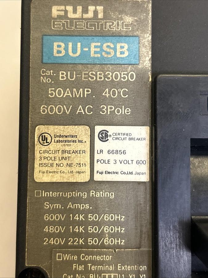 Used FUJI ELECTRIC,BU-ESB3050,CIRCUIT BREAKER 50A 600V 3P