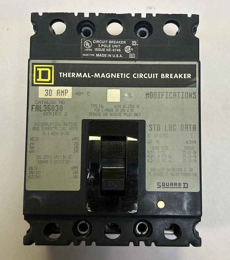 Used SQUARE D,FAL36030,CIRCUIT BREAKER 30A 600V 3P