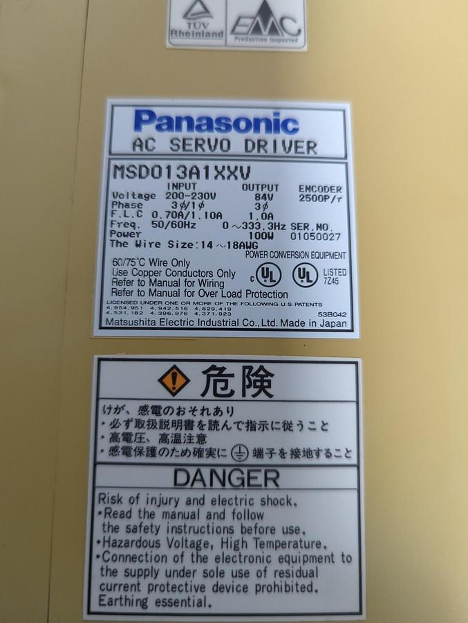 Used PANASONIC,MSD 013A1XXV,AC SERVO DRIVER 200V 100W PRE-OWNED