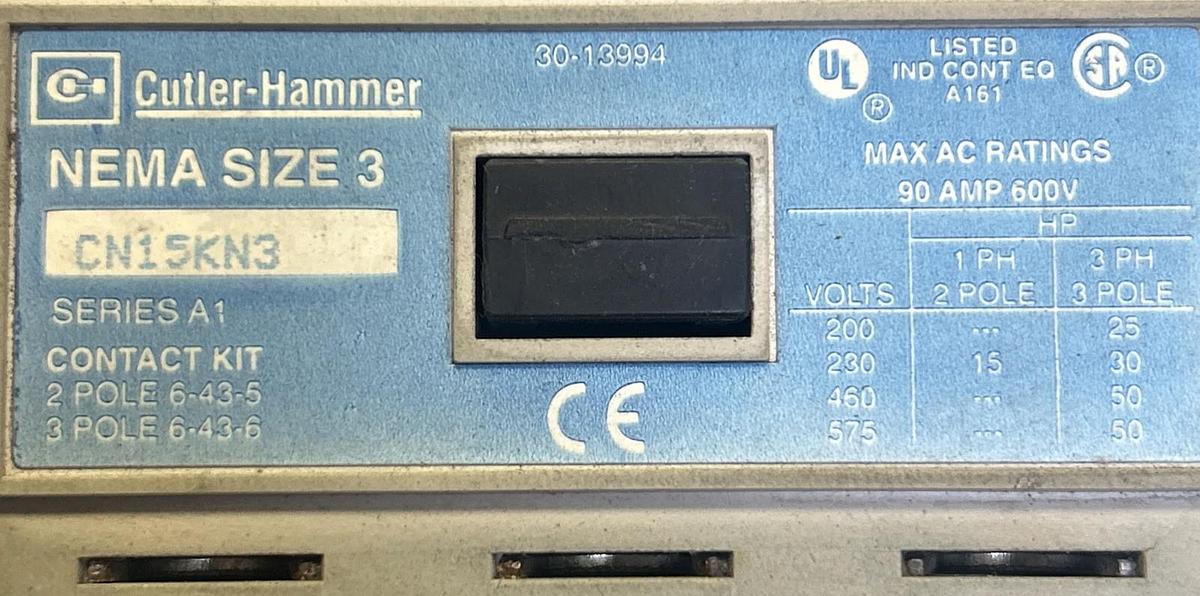 Used CUTLER-HAMMER,CN15KN3,CONTACTOR SIZE 3 90A 600V