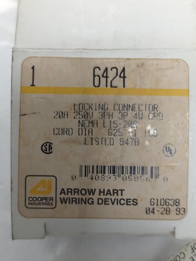 ARROW HEART,6424,LOCKING CONNECTOR NEMA 1 15-20R 250V 20A 3PH 3P 4W NOS