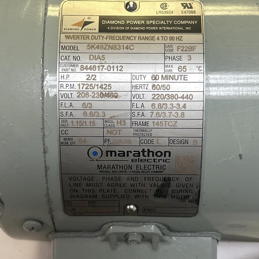 Used MARATHON,5K49ZN8314C,MOTOR 2HP 1725RPM 203-230/460V 3PH 145TCZ FRAME