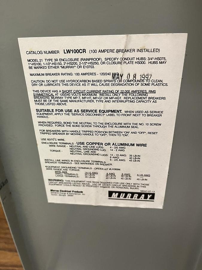 MURRAY,LW100CR,BREAKER PANELBOARD 100A 120/240V 1PH 2POLE
