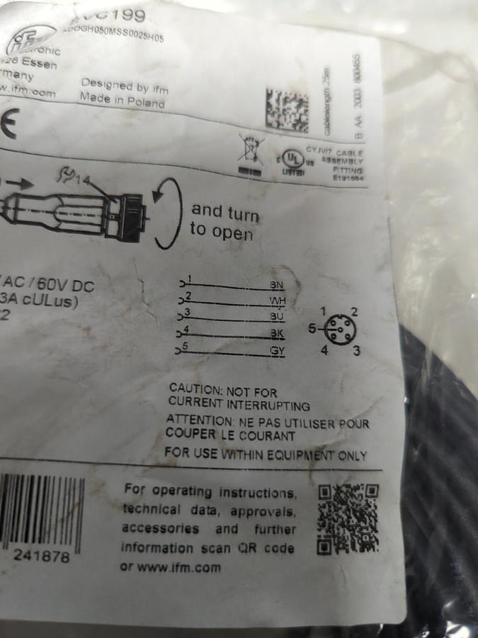 IFM,EVC199,CONNECTOR CABLE 5-PIN 60V DC NOS