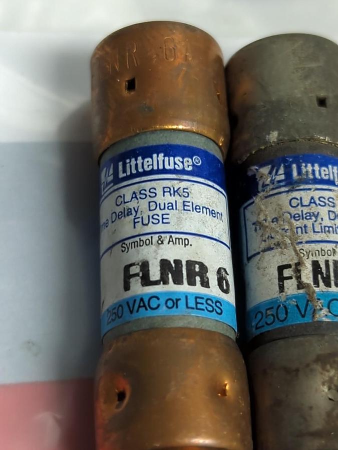 Used LITTELFUSE,FLNR6,TIME-DELAY 6 AMP FUSE LOT OF 2 PRE-OWNED