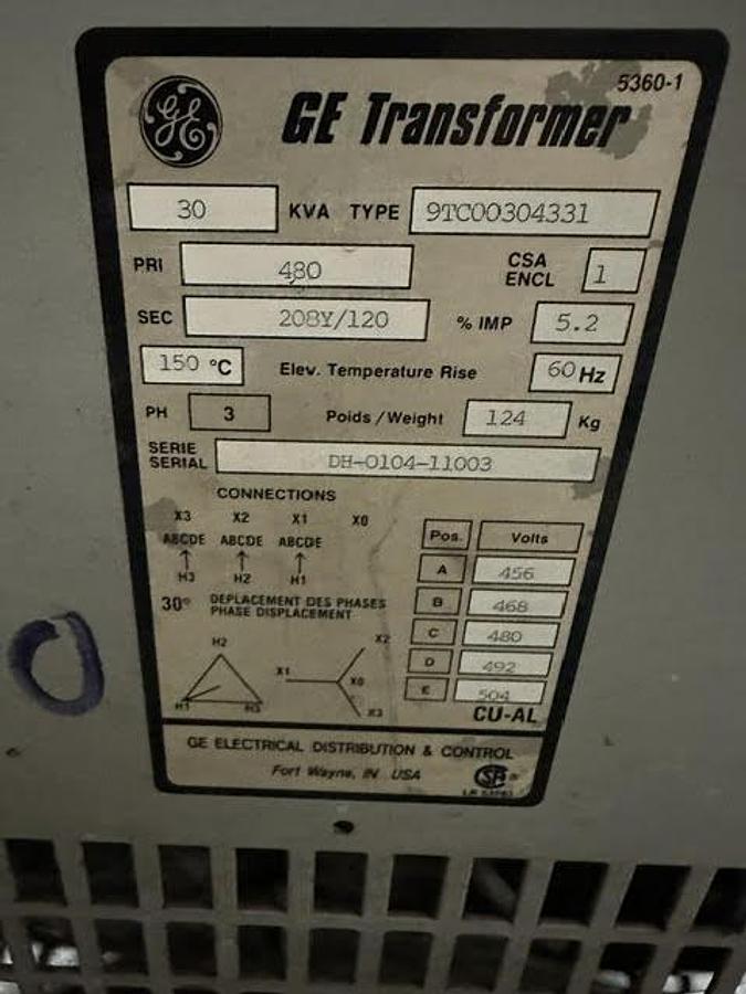 Used GE,9TC00304331,30 KVA Transformer HV 480V- LV 208Y/120V 3PH