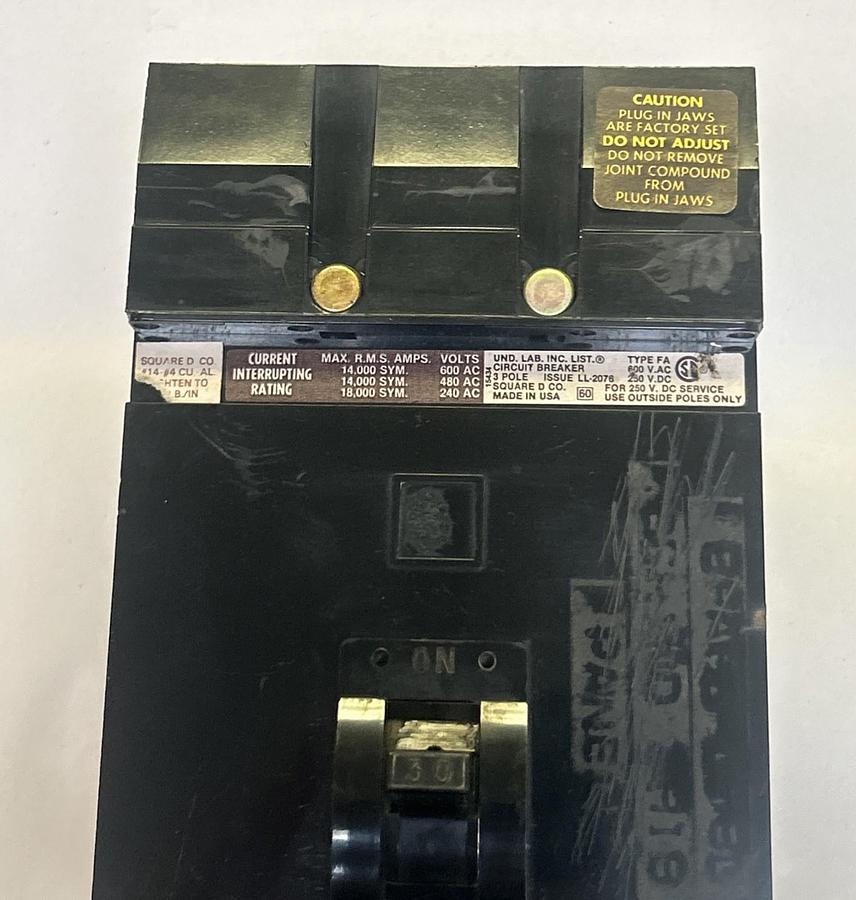 Used SQUARE D,FA36030,I-LINE CIRCUIT BREAKER 30A 600V 3POLE