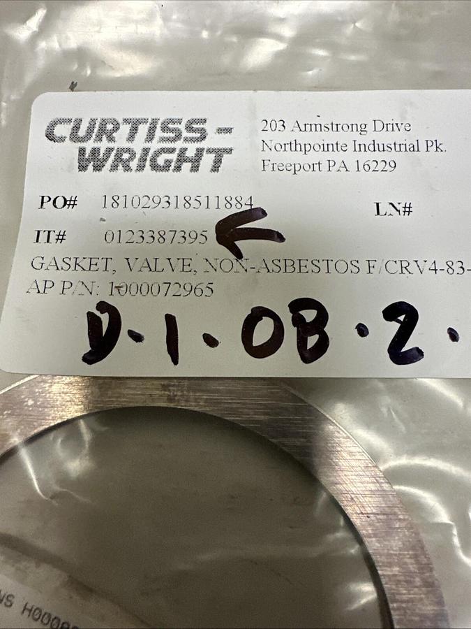 Used Curtiss-Wright,0123387395,Valve Gasket Non-Asbestos