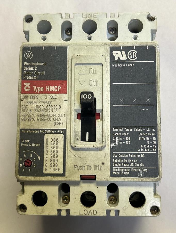 Used WESTINGHOUSE,HMCP100R3C,CIRCUIT BREAKER 100A 600V 3P