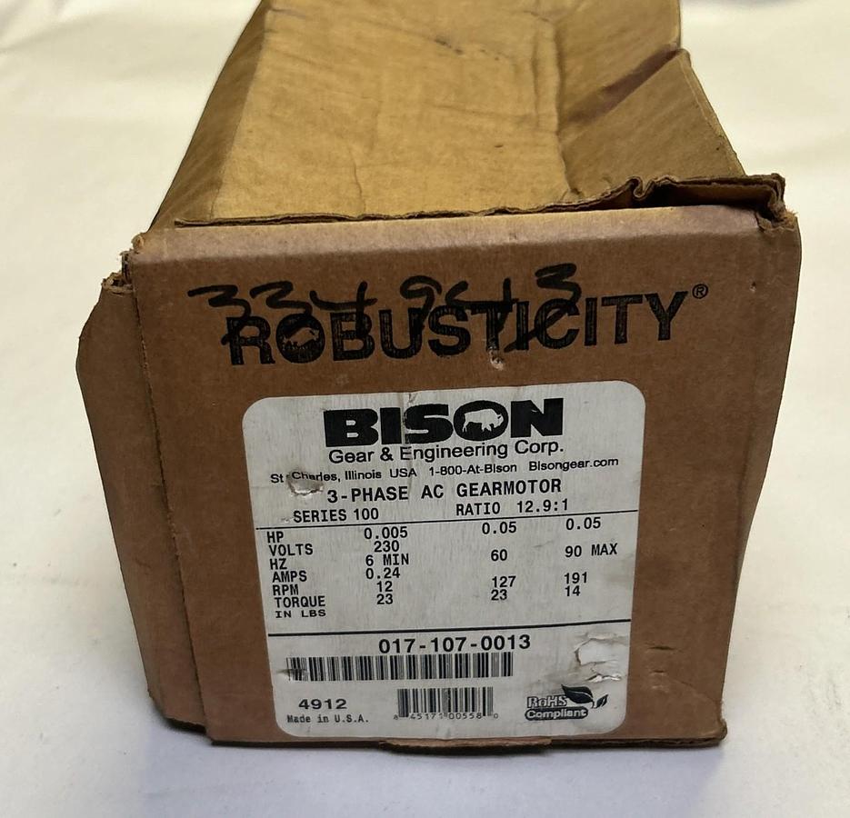BISON GEAR,017-107-0013,GEARMOTOR 12.9:1 RATIO 3PH 1/20HP NOS