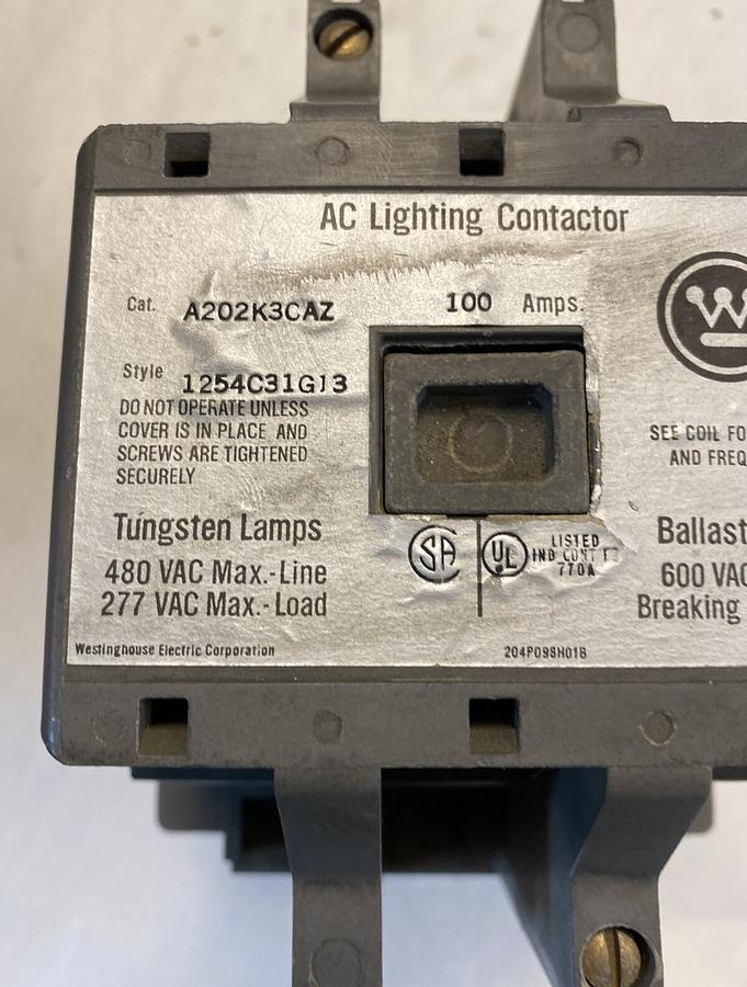 Used Westinghouse,A202K3CAZ,100 Amp 600V AC Lighting Contactor Style 1254C31G13
