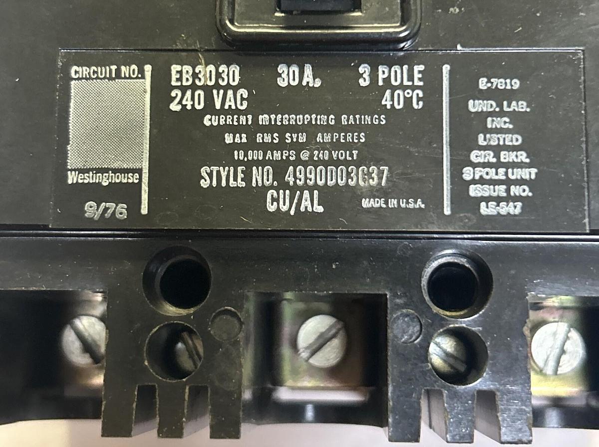 Used WESTINGHOUSE,EB3030,CIRCUIT BREAKER 30A 240V 3P