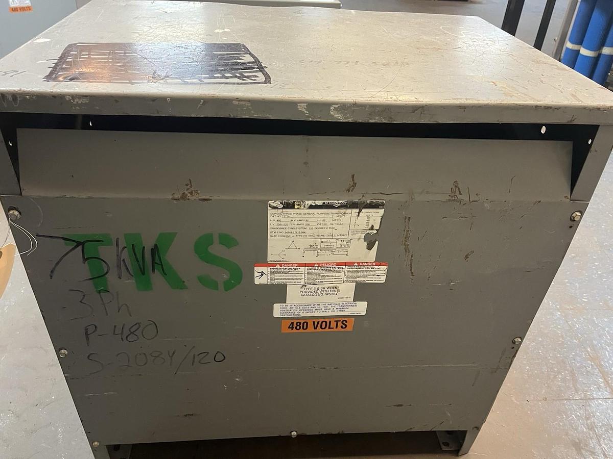 Used SQUARE D,75T3H,TRANSFORMER 75KVA 3PH HV 480V LV 208Y/120V