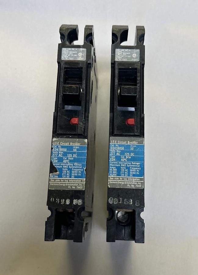 Used SIEMENS,ED41B050,CIRCUIT BREAKER 50A 277V 1P LOT OF 2