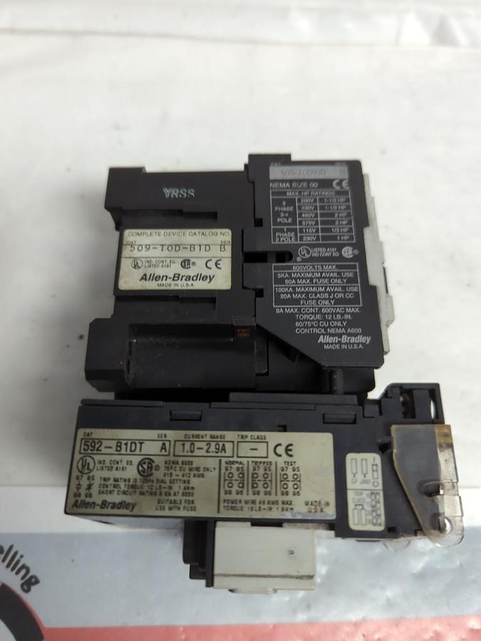 Used ALLEN BRADLEY,509-TOD-B1D,CONTACTOR/STARTER SIZE 00 WITH 592-B1DT PRE-OWNED