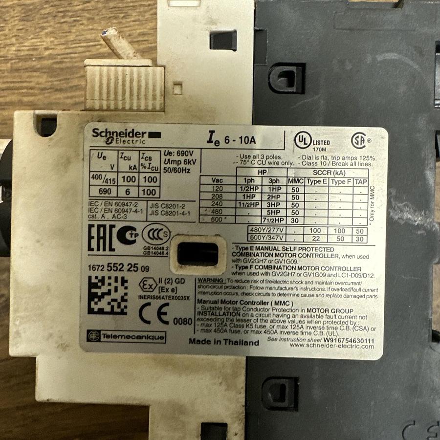 Used Schneider Electric,GV2-P14, Motor Protection Circuit Breaker 6-10A