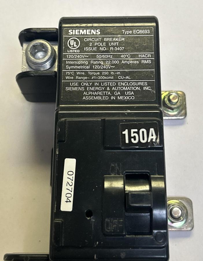 Used SIEMENS,EQ8693,CIRCUIT BREAKER 150A 120/240V 2P