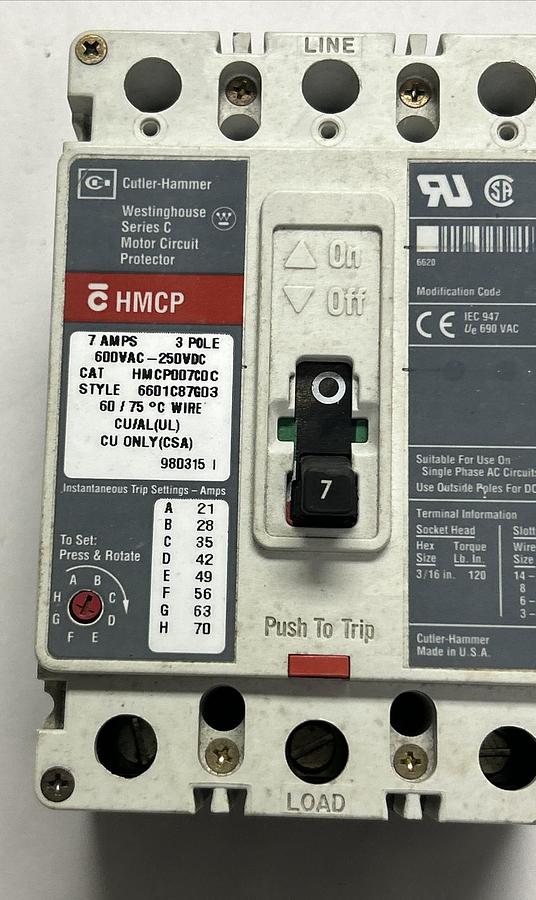 Used CUTLER HAMMER,HMCP007C0C,CIRCUIT BREAKER 7A 600V 3P LOT OF 2