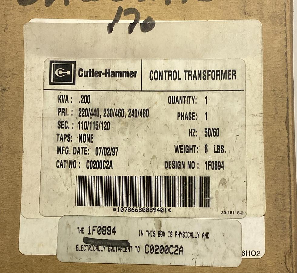 CUTLER HAMMER,C0200C2A,CONTROL TRANSFORMER 0.200KVA NEW