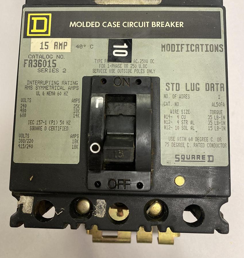 Used Square D,FA36015,I-Line Circuit Breaker 15AMP 600V 3 POLE