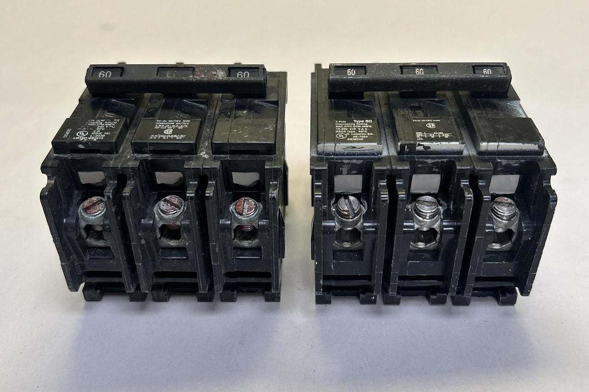 Used SIEMENS,BQ3B060,CIRCUIT BREAKER 60A 240V 3P LOT OF 2