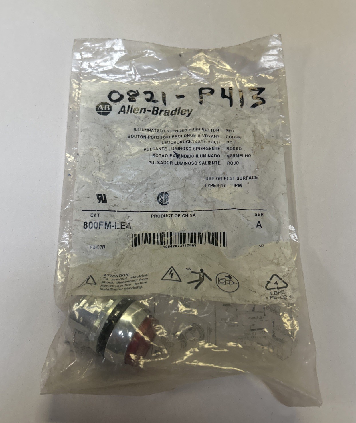 Used ALLEN BRADLEY,800FM-LE4,RED PUSH BUTTON NOS