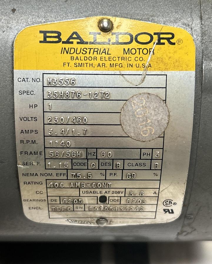 Used BALDOR,M3556,MOTOR 1HP 1140RPM 230/460V 3PH 56/56H FRAME