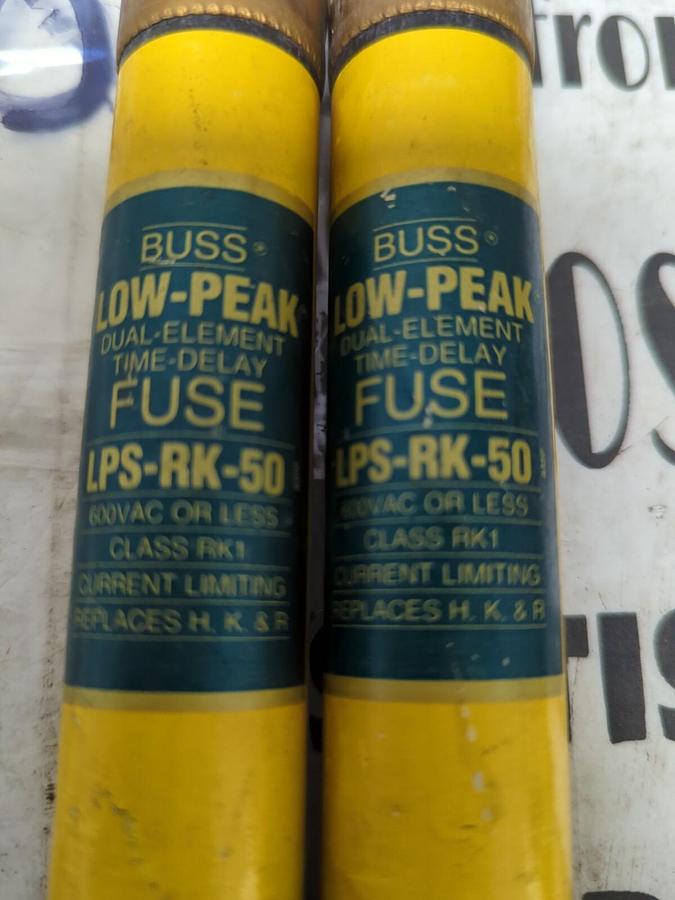 COOPER BUSSMANN,LPS-RK-50,LOW-PEAK 50 AMP FUSES LOT OF 2 NOS