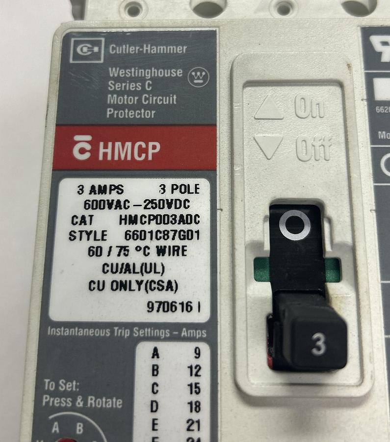 Used CUTLER HAMMER,HMCP003ADC,CIRCUIT BREAKER 3A 600V 3P