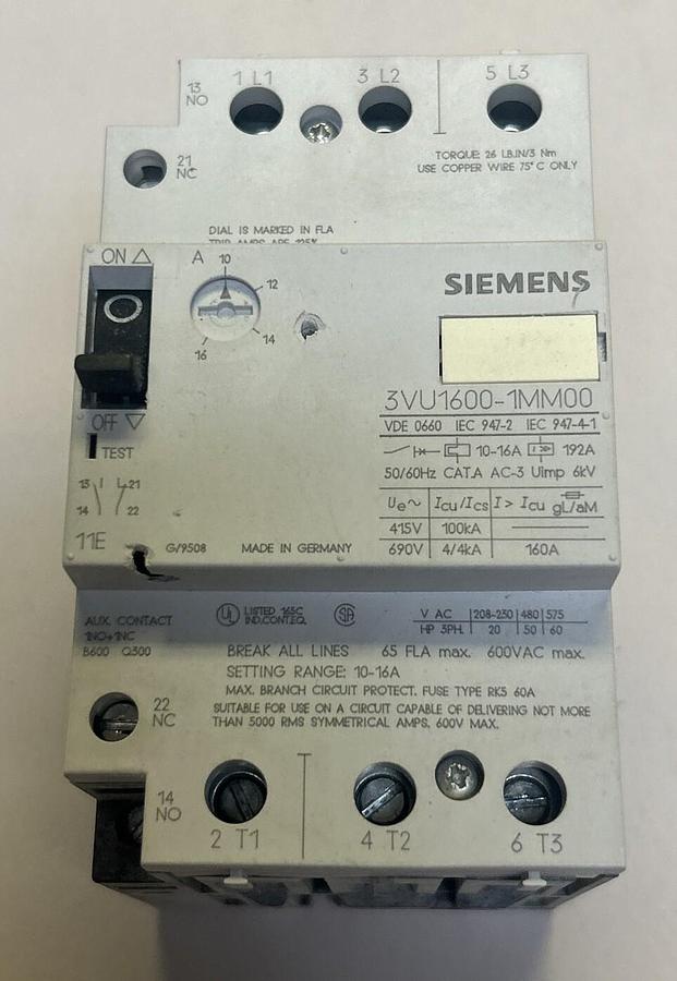 Used SIEMENS,3VU1600-1MM00,MOTOR STARTER PROTECTOR CIRCUIT BREAKER