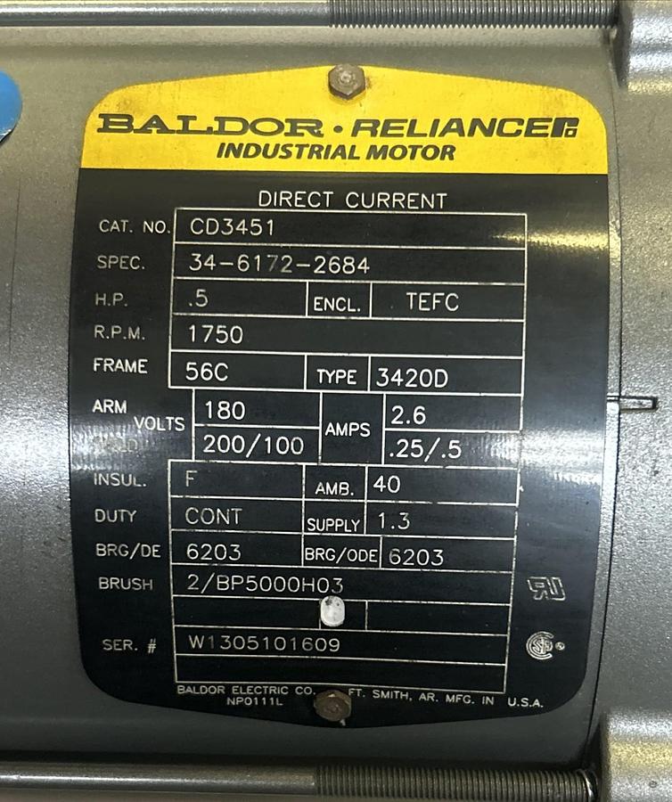Used BALDOR,CD3451,DC INDUSTRIAL MOTOR 1/2HP 1750RPM 180VDC 56C FRAME