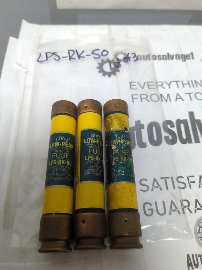 COOPER BUSSMANN,LPS-RK-50,LOW PEAK 50 AMP FUSES LOT OF 3 NOS